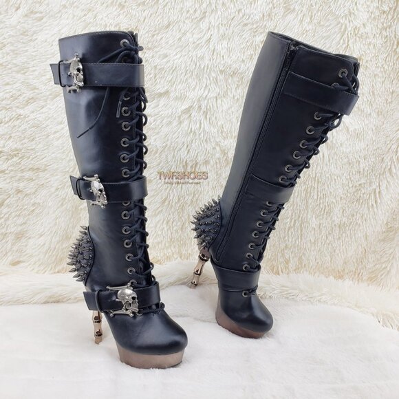 Muerto Goth Punk Bone Heel Spiked Skull Buckle Knee Boots RESTOCKED - Picture 12 of 15